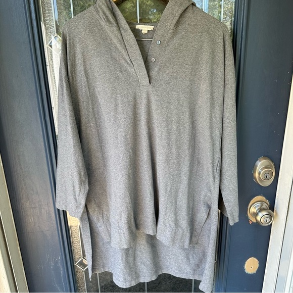 Eileen fisher large gray 1/4 button hooded split seam high low tunic cotton - Picture 3 of 8